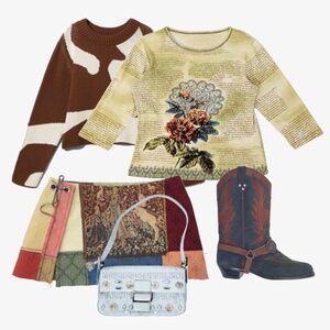Y2K 3/4 Sleeve Beaded Top Graphic Letters Print Western Beading Flowers Floral